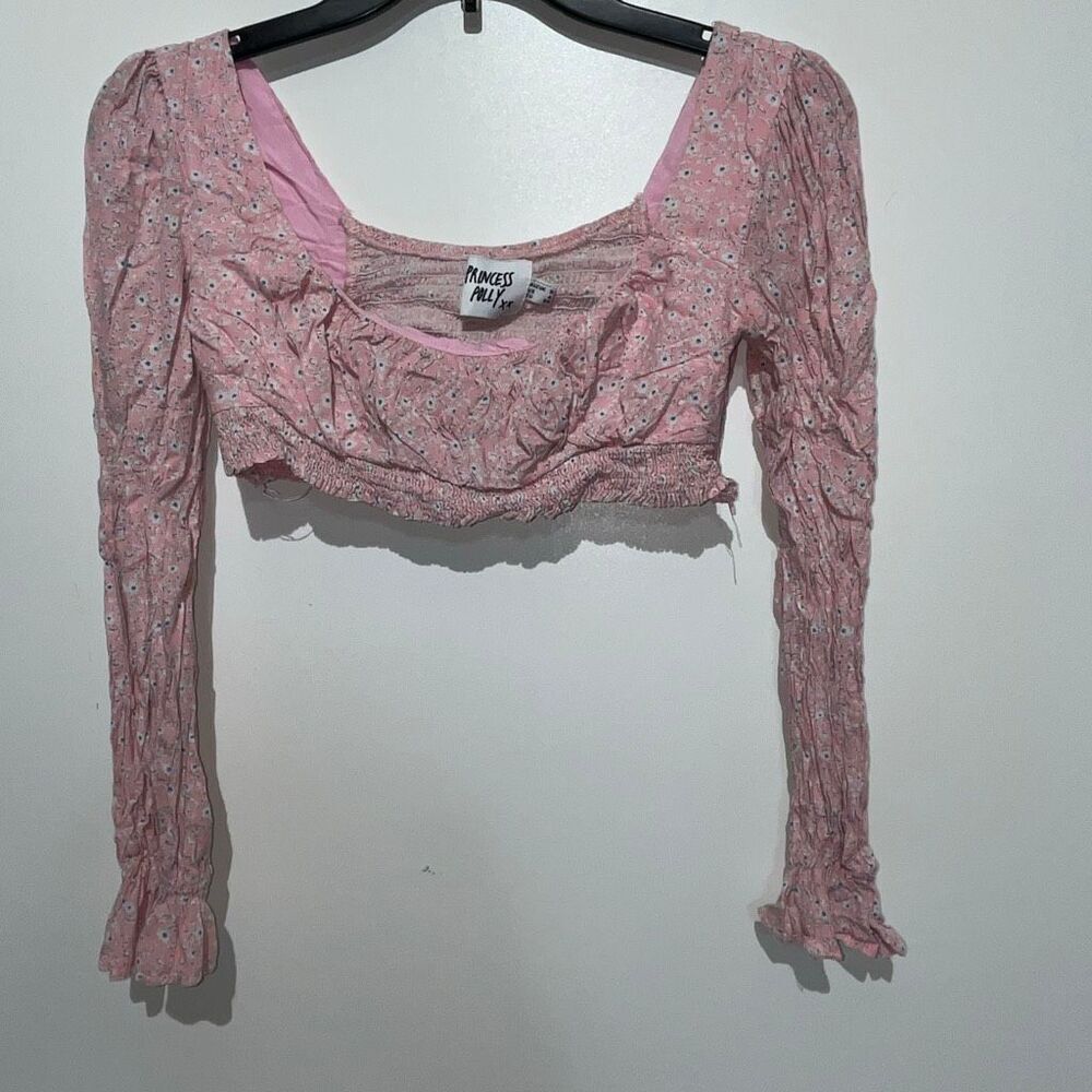 Princess Polly Women's Pink Floral Long Balloon Flare Sleeve Cropped Top Size 4